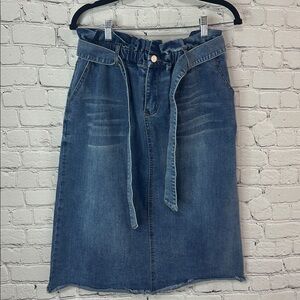 Hayden High Rise Paper Bag Waist Denim MIDI Skirt Belted Size L Large